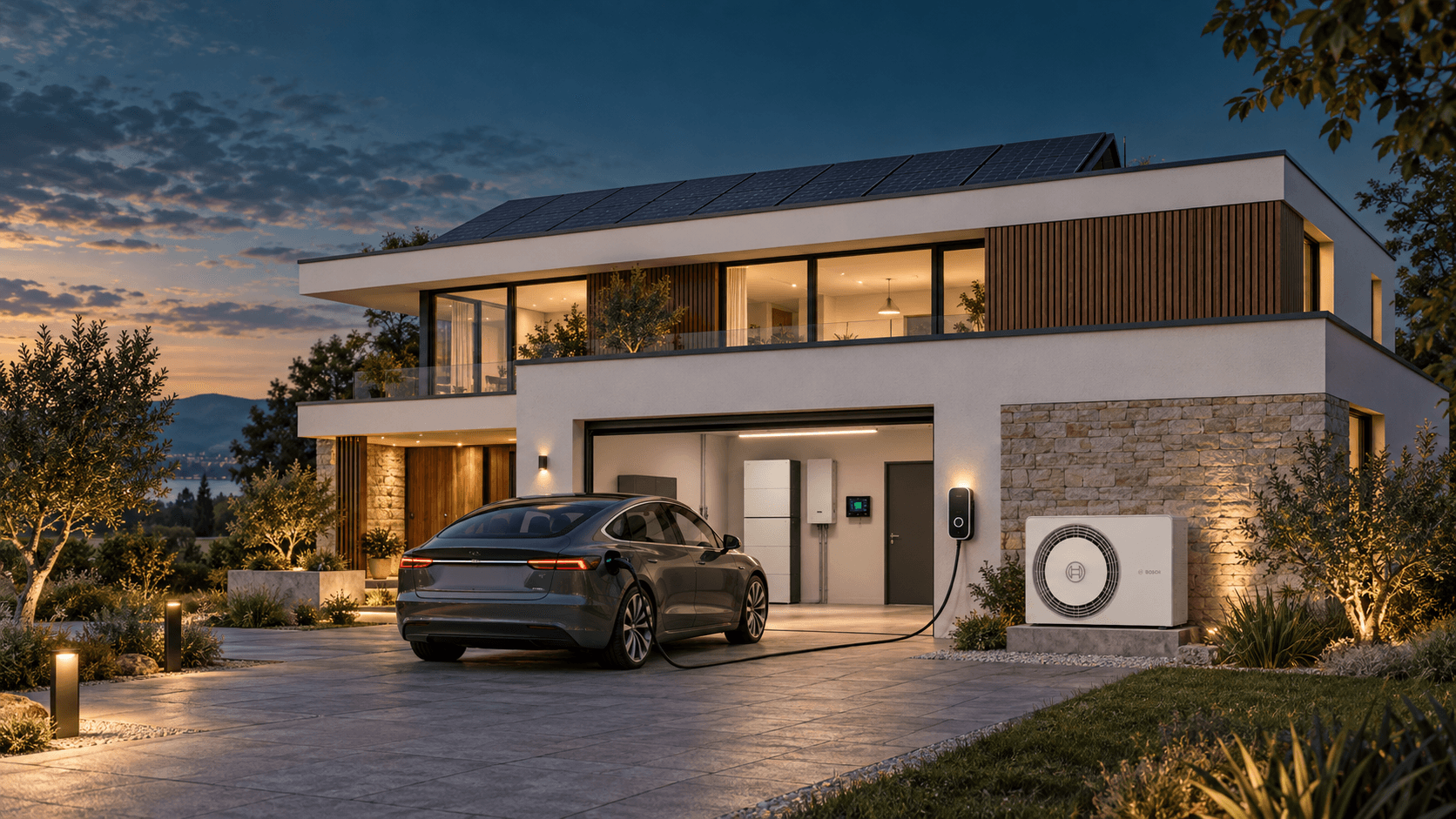 Systemvisualisierung: modernes Haus mit einer Wärmepumpe nach Bosch-Vorbild, Photovoltaik, Stromspeicher im Technikraum und Elektroauto an einer Ladestation.