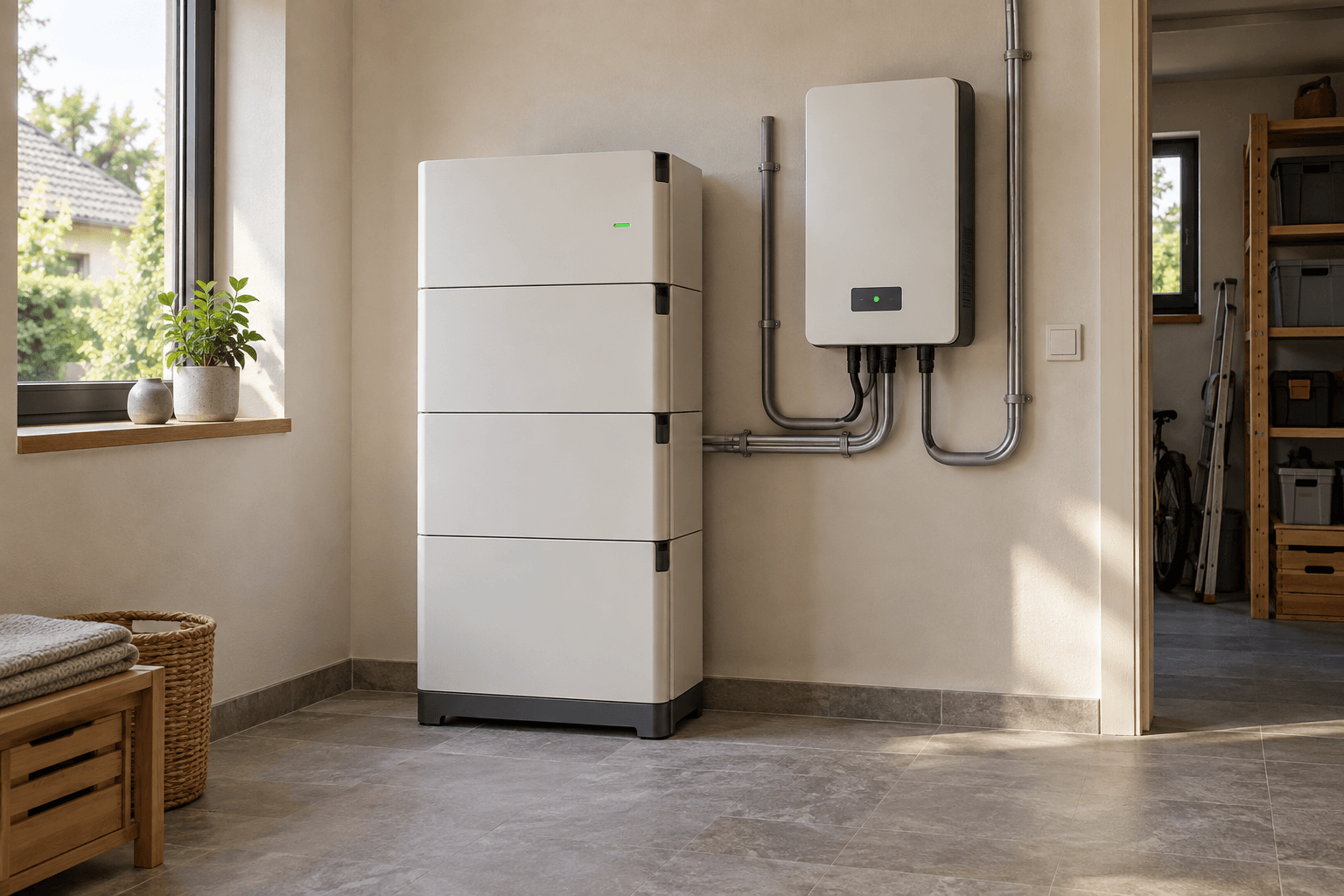 Visualisierung eines Stromspeichers mit Batteriemodulen und Wechselrichter.