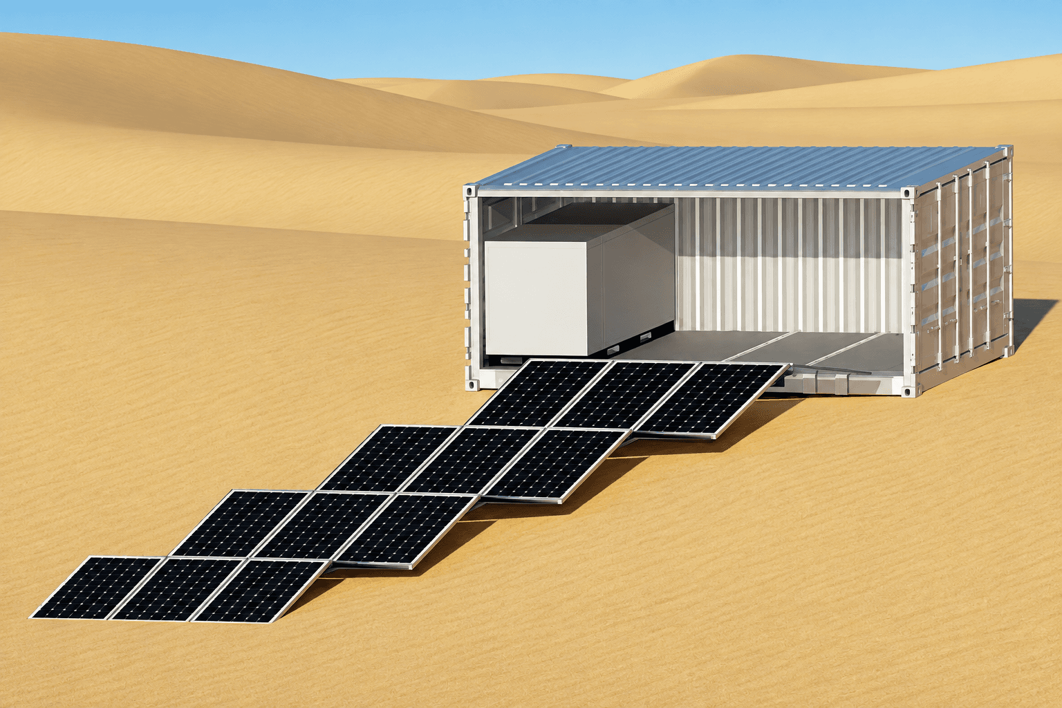 Mobiler HJ-Solarcontainer mit ausgeklappten Photovoltaikmodulen in einer Wüstenlandschaft.