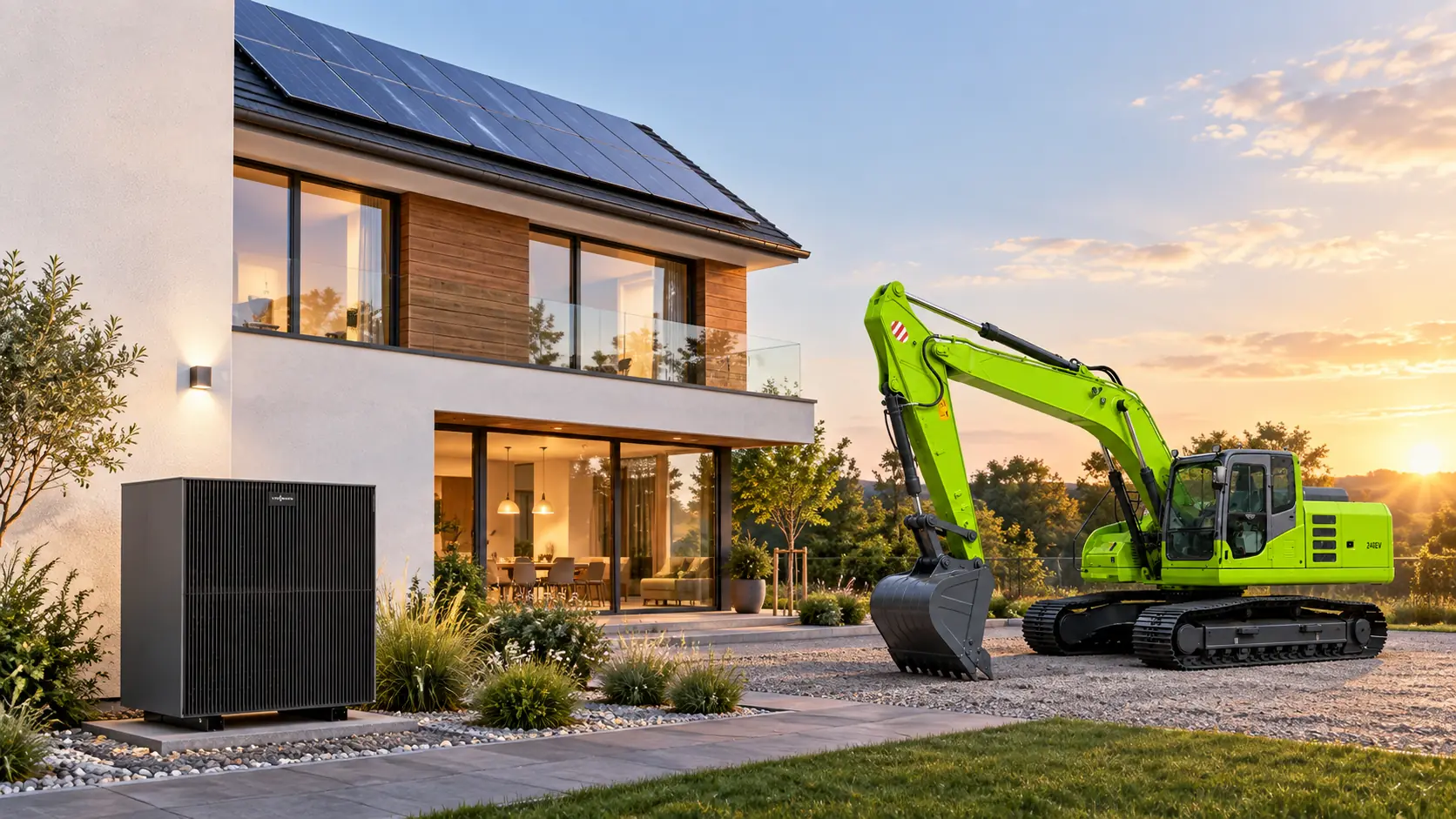 Illustration eines modernen Hauses mit Solarmodulen, einer Viessmann-Wärmepumpe und einem grünen elektrischen Raupenbagger.